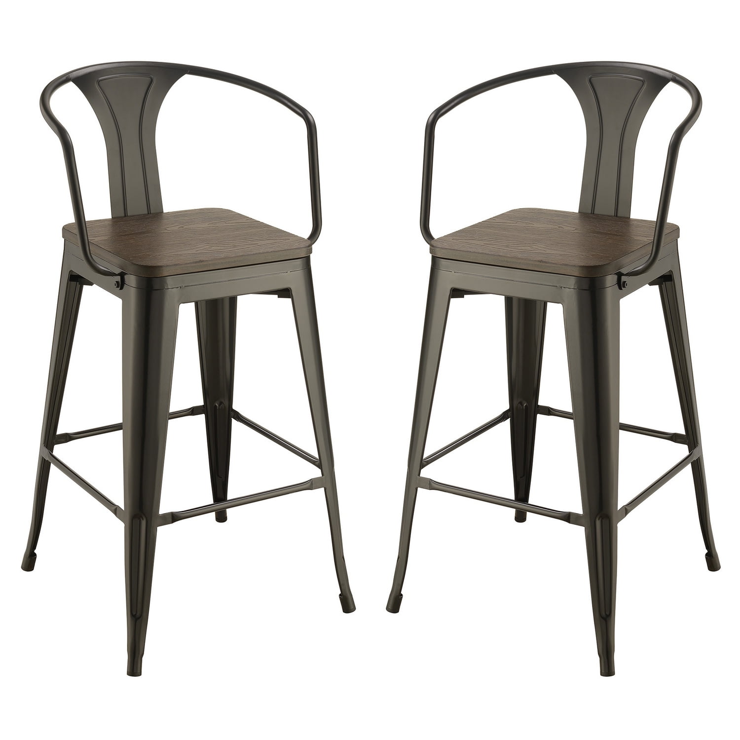 Benjara Well made Metal Bar Height Stool With Wood Seat, Black, Set of 2