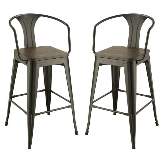 Benjara Well made Metal Bar Height Stool With Wood Seat, Black, Set of 2
