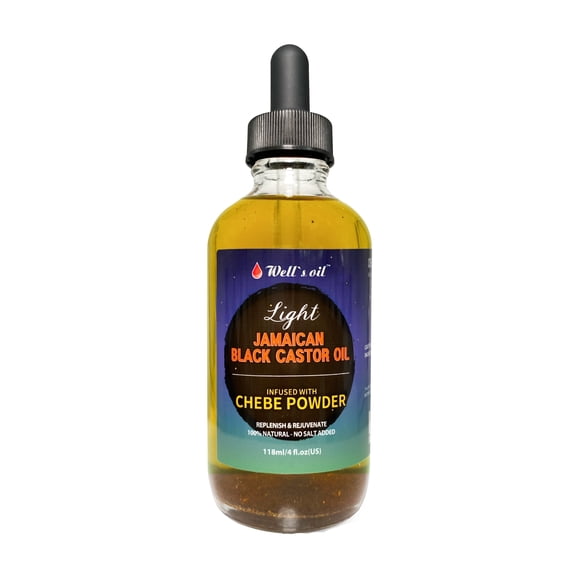 Well’s Oil Jamaican Black Castor Oil with Chebe Powder (Light) | 4 fl oz | 100% Natural Castor Oil Blend | Conditioning & Moisturizing Care | For Hair & Scalp | 118 mL