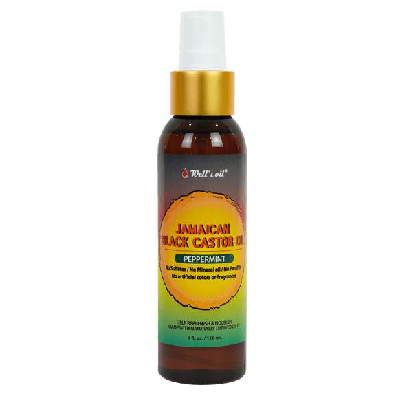 Wells Oil Peppermint & Jamaican Black Castor Oil Spray | 4 oz (118 mL) | Lightweight Hair Detangler & Leave-In Conditioner | Refreshing Herbal Feel | External Use Only