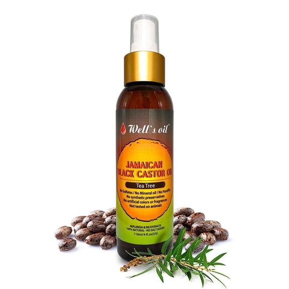 Wells Oil Jamaican Black Castor & Tea Tree Oil Spray for Hair | 4 oz (118 mL) | Lightweight Scalp & Hair Moisturizing Oil | Botanical Oil Blend | External Use Only