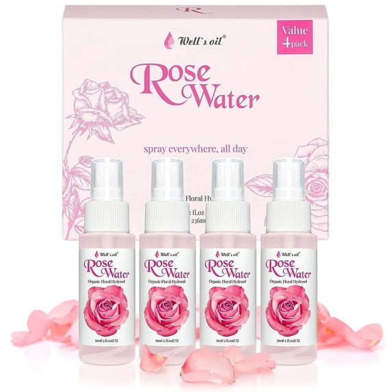 Well’s Oil Rose Water Mist Spray (Pack of 4 * 2 fl oz) | Floral Rose Water Hydrosol | Alcohol-Free | For Skin & Hair Use
