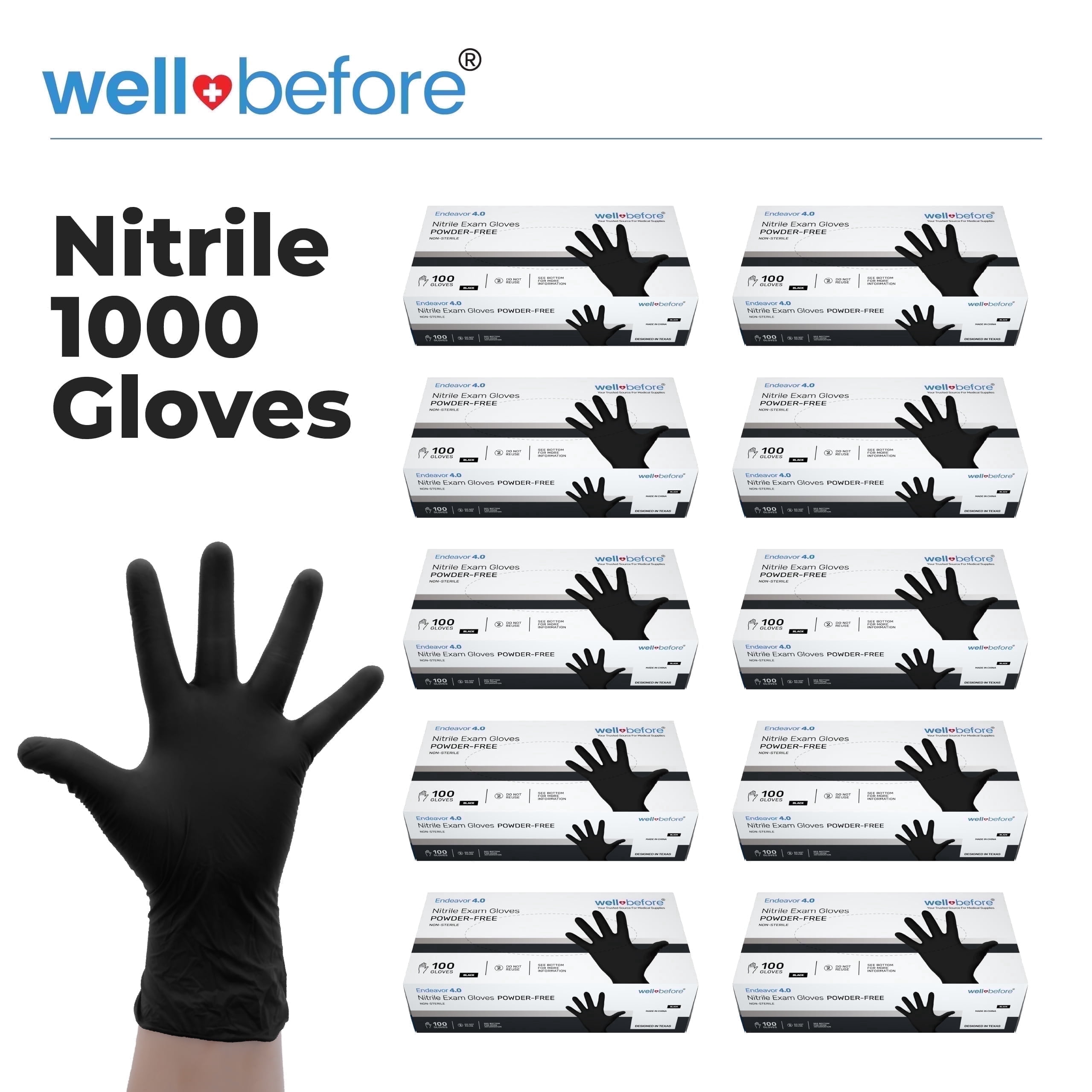 WellBefore Black Nitrile Disposable Gloves - Large 1000 Ct. Disposable Powder-Free and Latex-Free