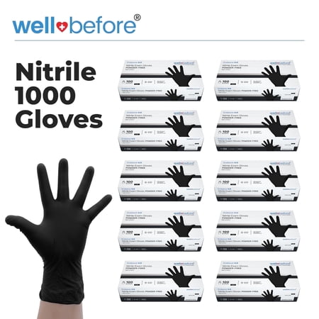WellBefore Black Nitrile Gloves, Chemical Resistant Hand Protection, Disposable Powder-Free Latex-Free Gloves - Medium 1000 Ct.