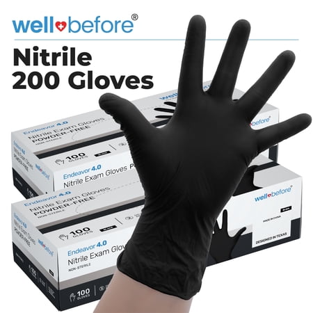 WellBefore Black Nitrile Gloves, Chemical Resistant Hand Protection, Disposable Powder-Free Latex-Free Gloves - Medium 200 Ct.