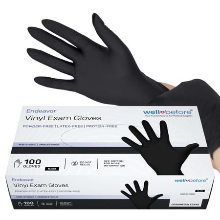 WellBefore Black Vinyl Disposable Exam Gloves, Powder-Free & Latex-Free, XLarge, 100 Count