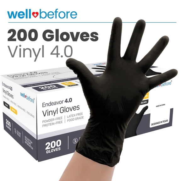 Wellbefore Disposable Synmax 4g Food Grade Vinyl Gloves, Black, Medium, 200pcs