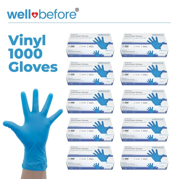 WellBefore Blue Vinyl Disposable Gloves - Large 1000 Ct - Powder & Latex-Free Gloves