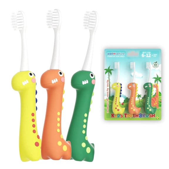 WellBefore Dinosaur Kids Toothbrush, 0.12mm Soft Filament Toddler Toothbrush for Kids 6-12 Make Brushing Fun and Protect Kids Delicate Teeth (Pack of 9)