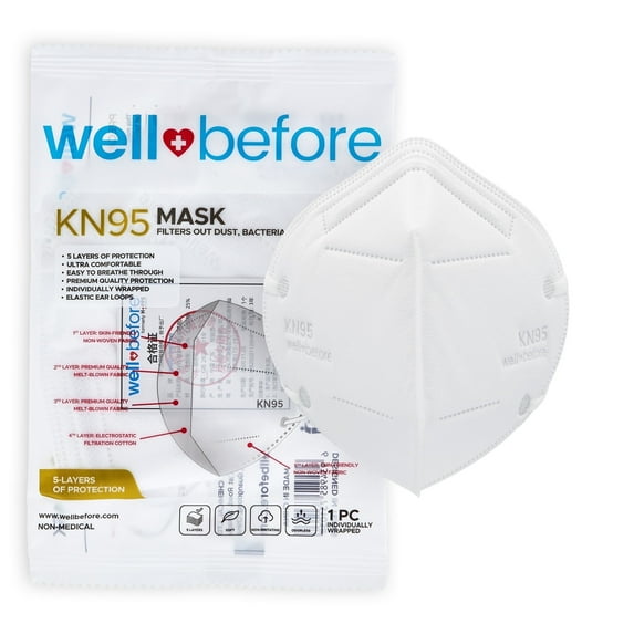 WellBefore KN95 Disposable 5Ply Face Masks, Pack of 10, Medium, White, Individually Wrapped, Standard Ear Loops