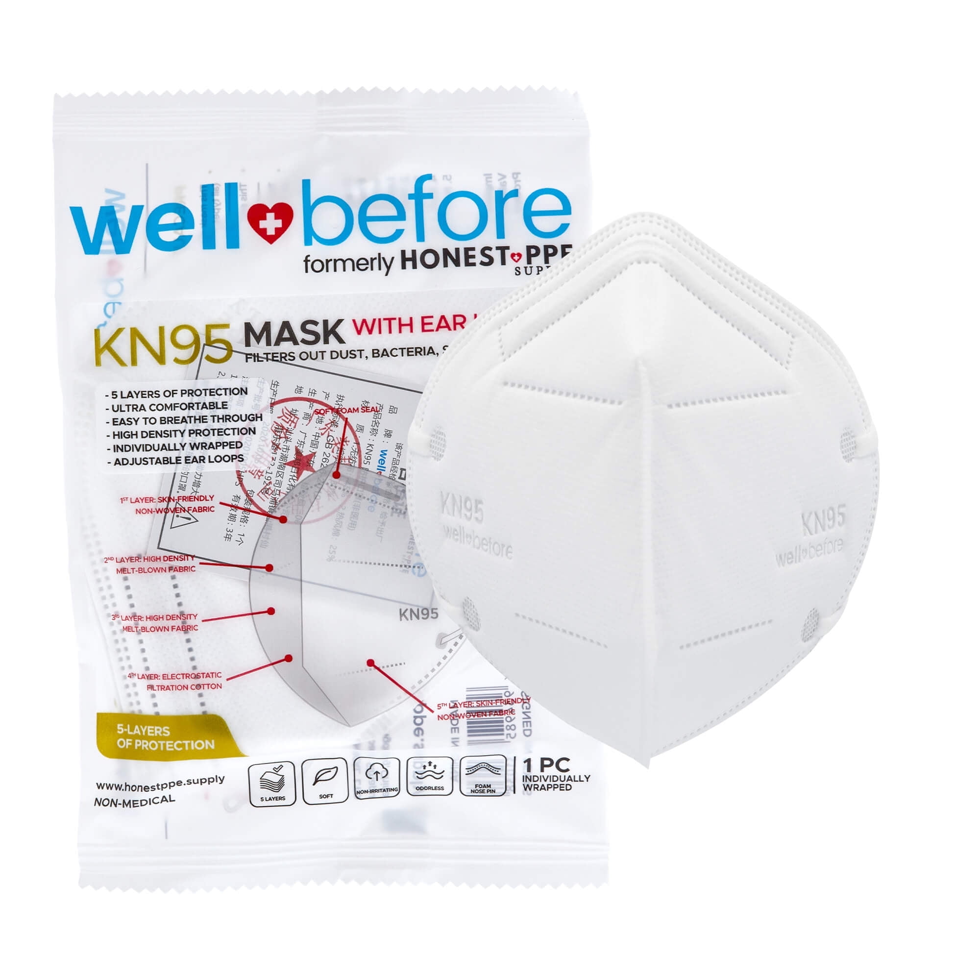 WellBefore KN95 Disposable 5Ply Face Masks, Pack of 10, Small, White, Individually Wrapped, Adjustable Ear Loops