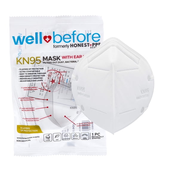 WellBefore KN95 Disposable Face Masks, 5-Layer, White, Small, Breathable, Adjustable Ear Loops, Individually Wrapped, Pack of 10