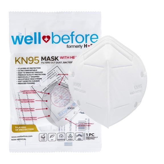 WellBefore KN95 Disposable 5Ply Face Masks, Pack of 10, Small, White, Individually Wrapped, Adjustable Head Straps