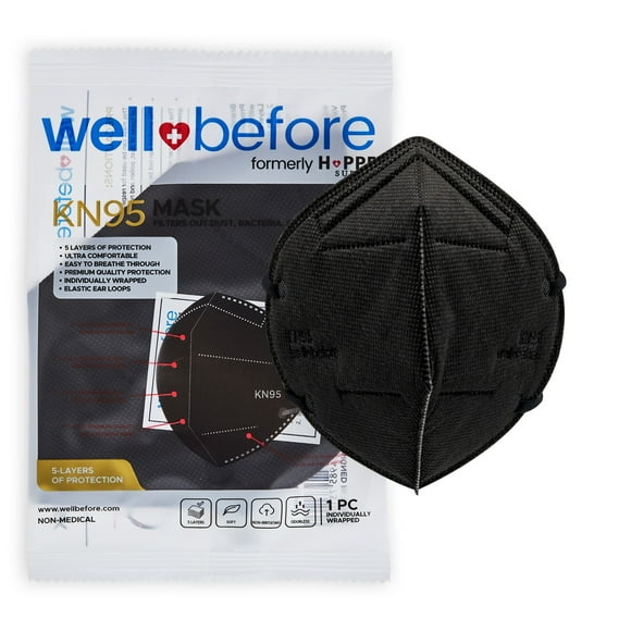 WellBefore KN95 Disposable Face Mask | Individually Wrapped 5-Layer Mask - 10 Pack (Medium, Black)