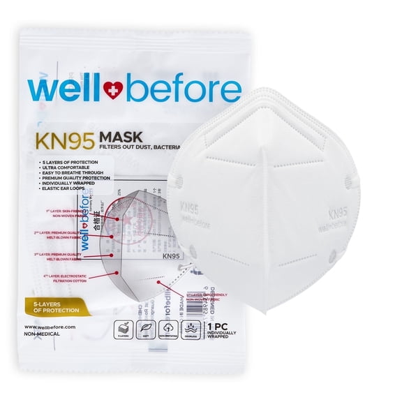 WellBefore KN95 Disposable Face Masks, 5-Layer, Small, White, 10 Count