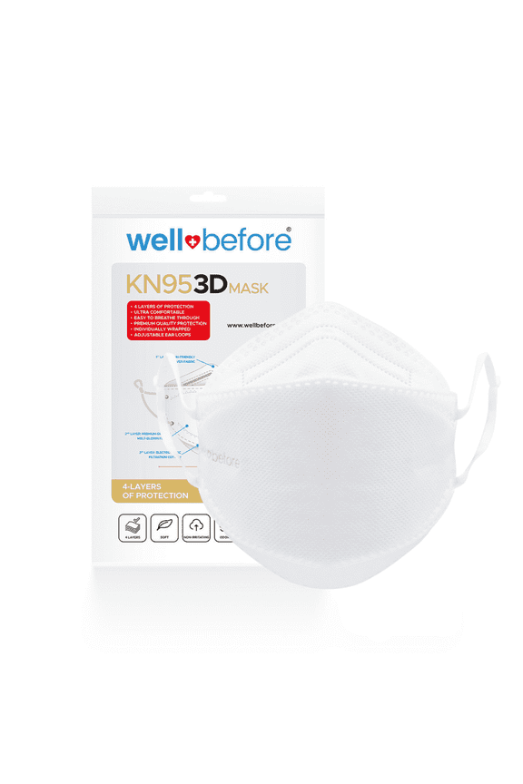 WellBefore KN95 Respirator Masks, White, Medium, 4-Ply, Adjustable, 10-Pack, Individually Wrapped