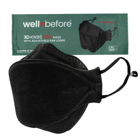 WellBefore Premium KN95 Disposable 4Ply Face Masks, Pack of 10, Medium, Black, Individually Wrapped, Adjustable Ear Loops, Aluminum nose pin, 3D-Style