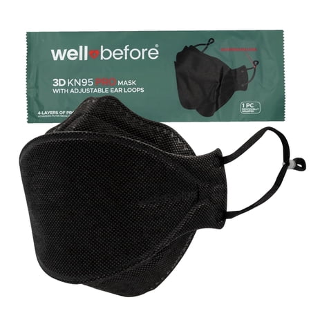 WellBefore Premium KN95 Disposable 4Ply Face Masks, Pack of 10, Medium, Black, Individually Wrapped, Adjustable Ear Loops, Aluminum nose pin, 3D-Style