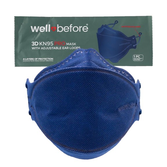 WellBefore Premium KN95 Disposable 4Ply Face Masks, Pack of 10, Small, Denim, Individually Wrapped, Adjustable Ear Loops, Aluminum nose pin, 3D-Style
