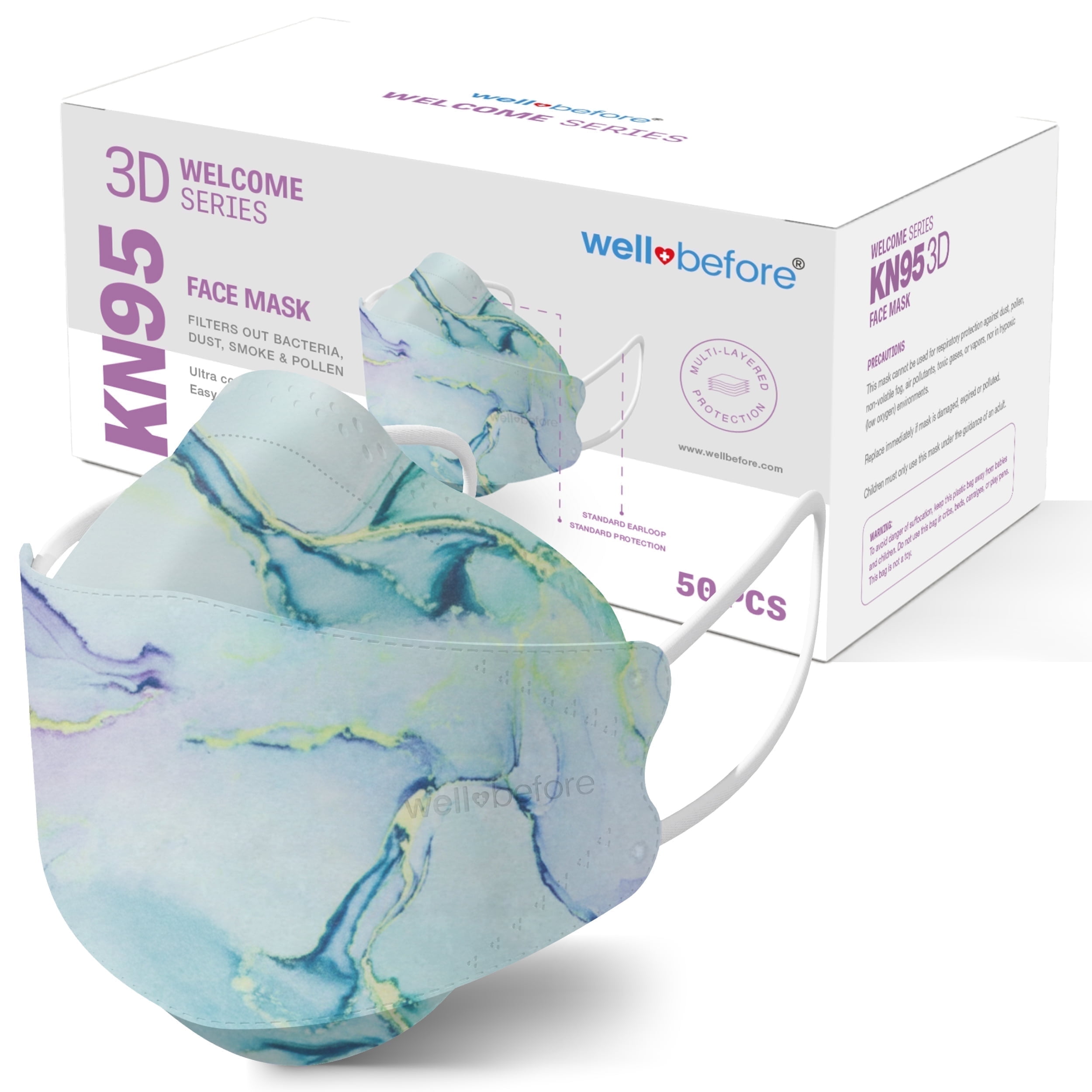 WellBefore Welcome Series KN95 3D Face Mask, Marble, Regular, Pack of 50