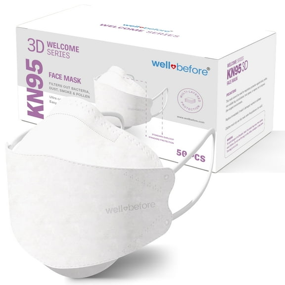 WellBefore Welcome Series KN95 3D Face Mask, White, Regular, Pack of 50