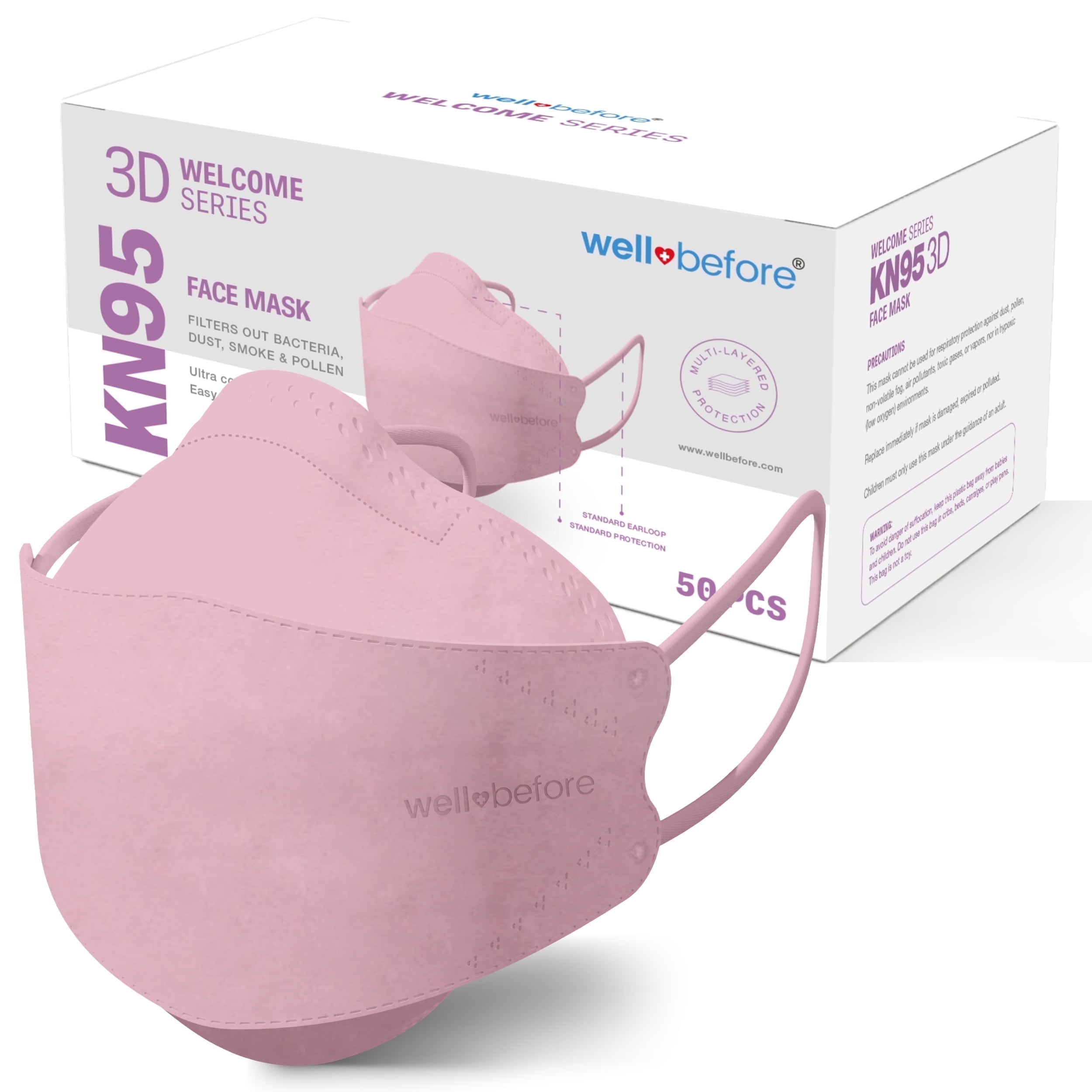 WellBefore Welcome Series KN95 3D Face Mask, Pink, Regular, Pack of 50
