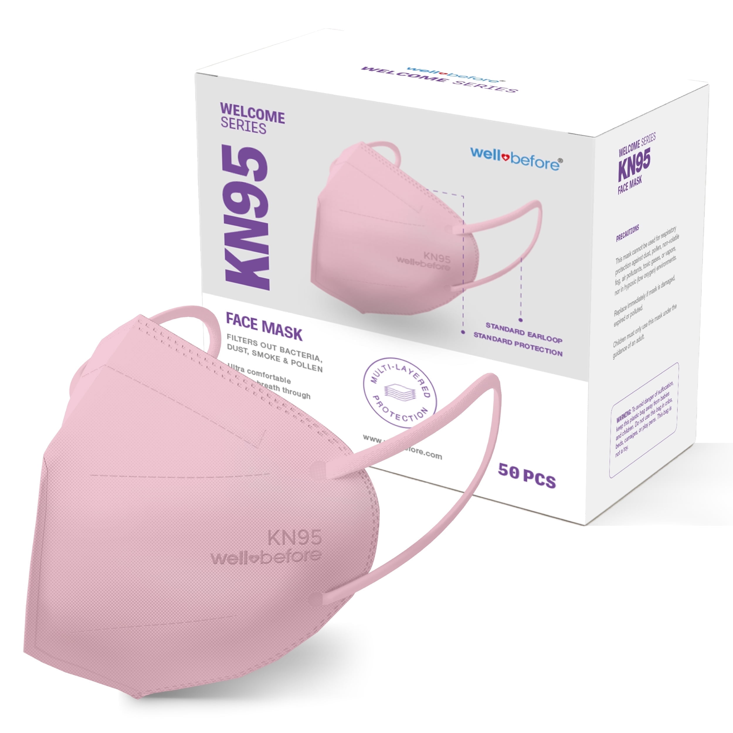 WellBefore Welcome Series KN95 Face Mask, Pink, Medium, Pack of 50