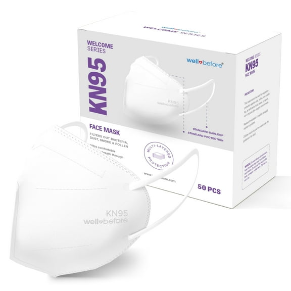 WellBefore Welcome Series KN95 Face Mask, White, Medium, Pack of 50