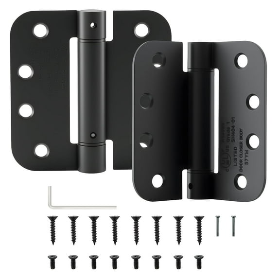 WellMade 2 Pack Self Closing Door Hinge 4 x 4 inch, Adjustable Spring Door Hinge for Interior Door,Spring Loaded Door Hinges with 5/8 in Radius Corners Matte Black Finish