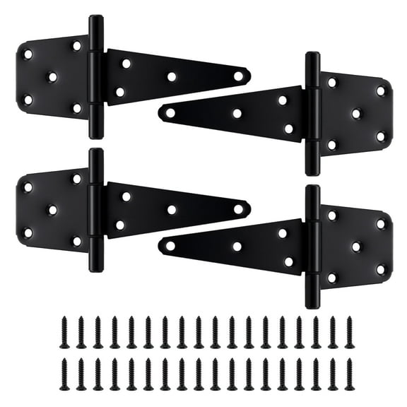 WellMade 4 Pack T-Strap Gate Hinges，6 Inch Black Shed Door Hinges，Heavy Duty Gate Hinges with Screws for Wooden Fences