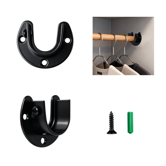 WellMade Closet Rod Bracket, 1-1/4 in. Stainless Steel Black U-Shape Wall Mount Holder with Hardware for Wardrobe and Bathroom, 1 set