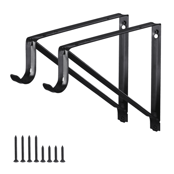 WellMade 11 x 9.5 in Wall Mounted Closet Rod Brackets 2 Pack, Steel Shelves Support with Rod Shelving Support, Black with Screws
