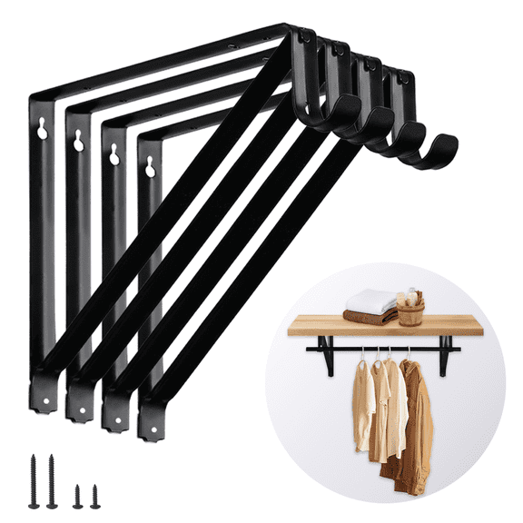 WellMade 11" x 9.5" Steel Black Closet Rod Brackets, Heavy Duty Closet Brackets 4 Pcs