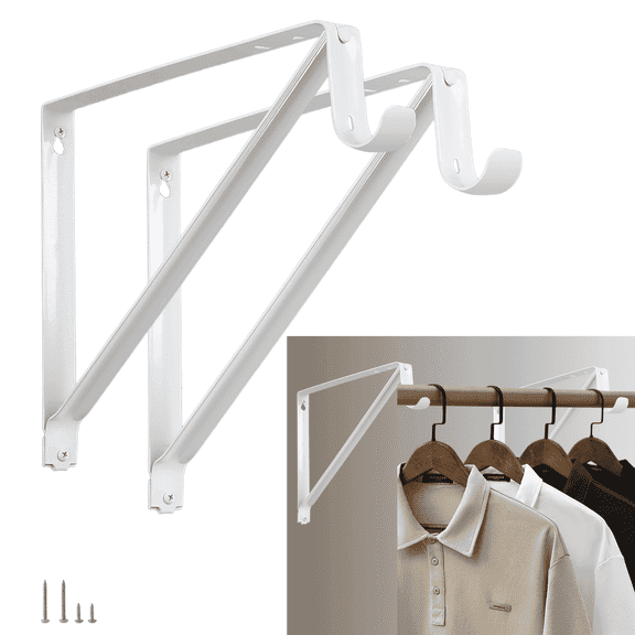 WellMade 11" x 9.5" Heavy Duty Closet Shelf & Rod Brackets, White Wall Mounted Closet Shelves Bracket, 2 Pcs
