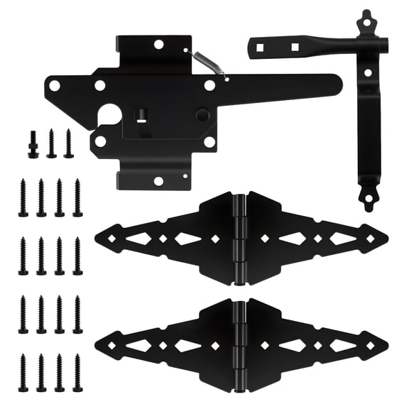 WellMade Heavy Duty Wood Gate Hardware Set8" Decorative Strap Hinges and Spring Loaded Latch Kit with Screws for Outdoor Fence Swing Gate Black Finish