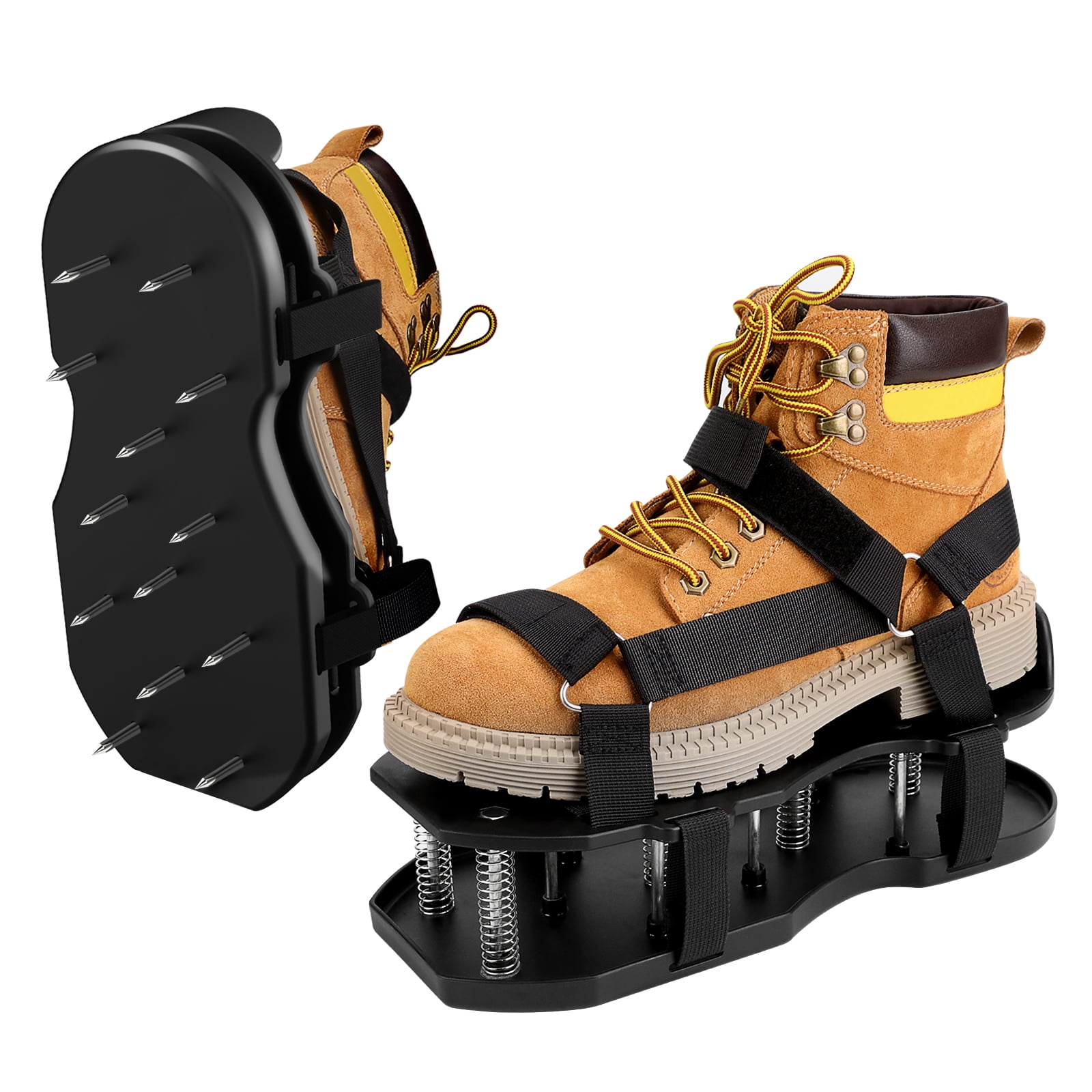 WellMall Lawn Aerator Shoes with Spring Base - Free-Installation Tool for Lawn Care - Automatic Leaf and Dirt Cleaning - Adjustable Laces - Perfect for Lawn, Yard, and Garden! (Black)