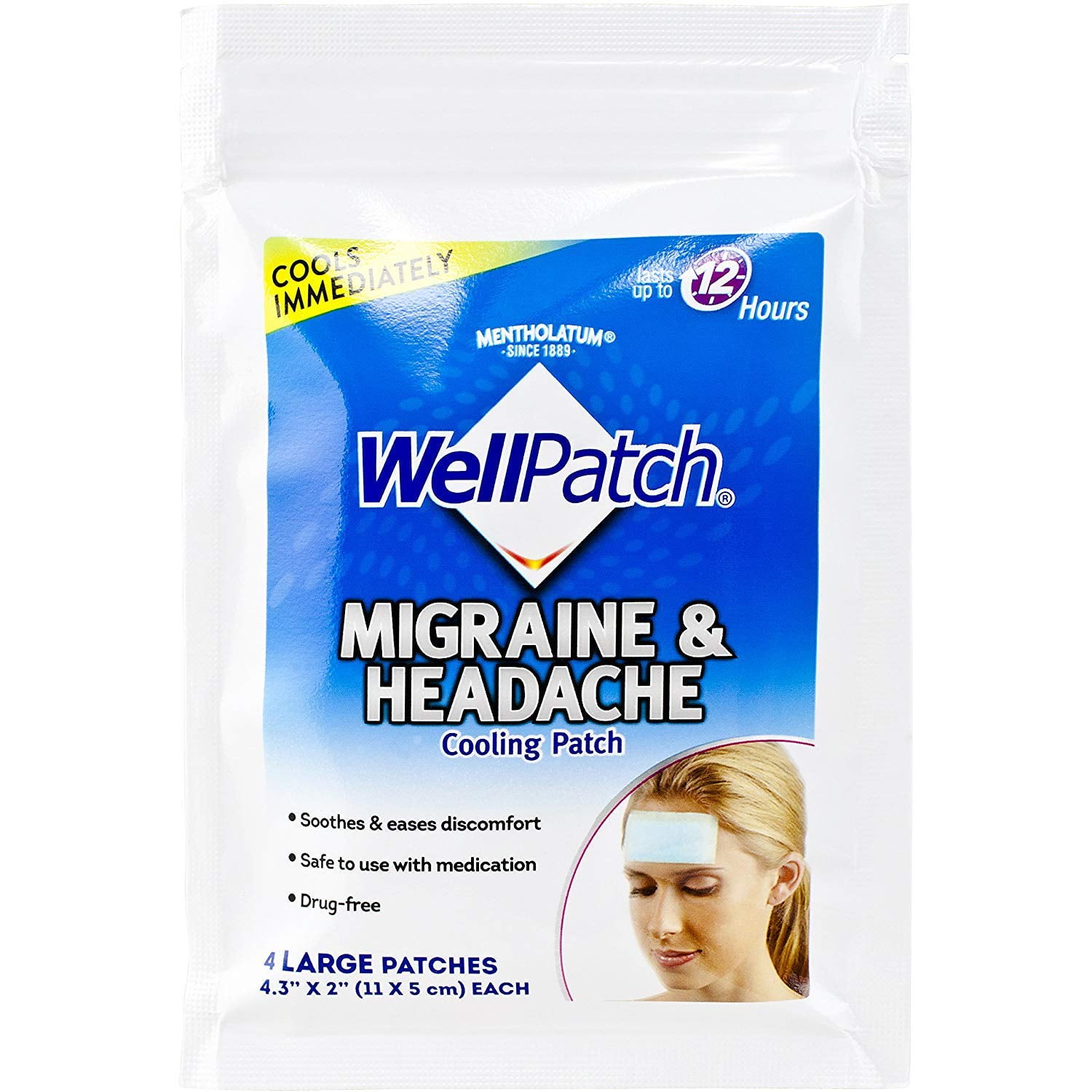 WellPatch Migraine & Headache Cooling Patch - Drug Free Lasts Up to 12  Hours Safe to Use with Medication - Large Patches (4 Packs of 4 Patches)  Each 4.3 x 2 in