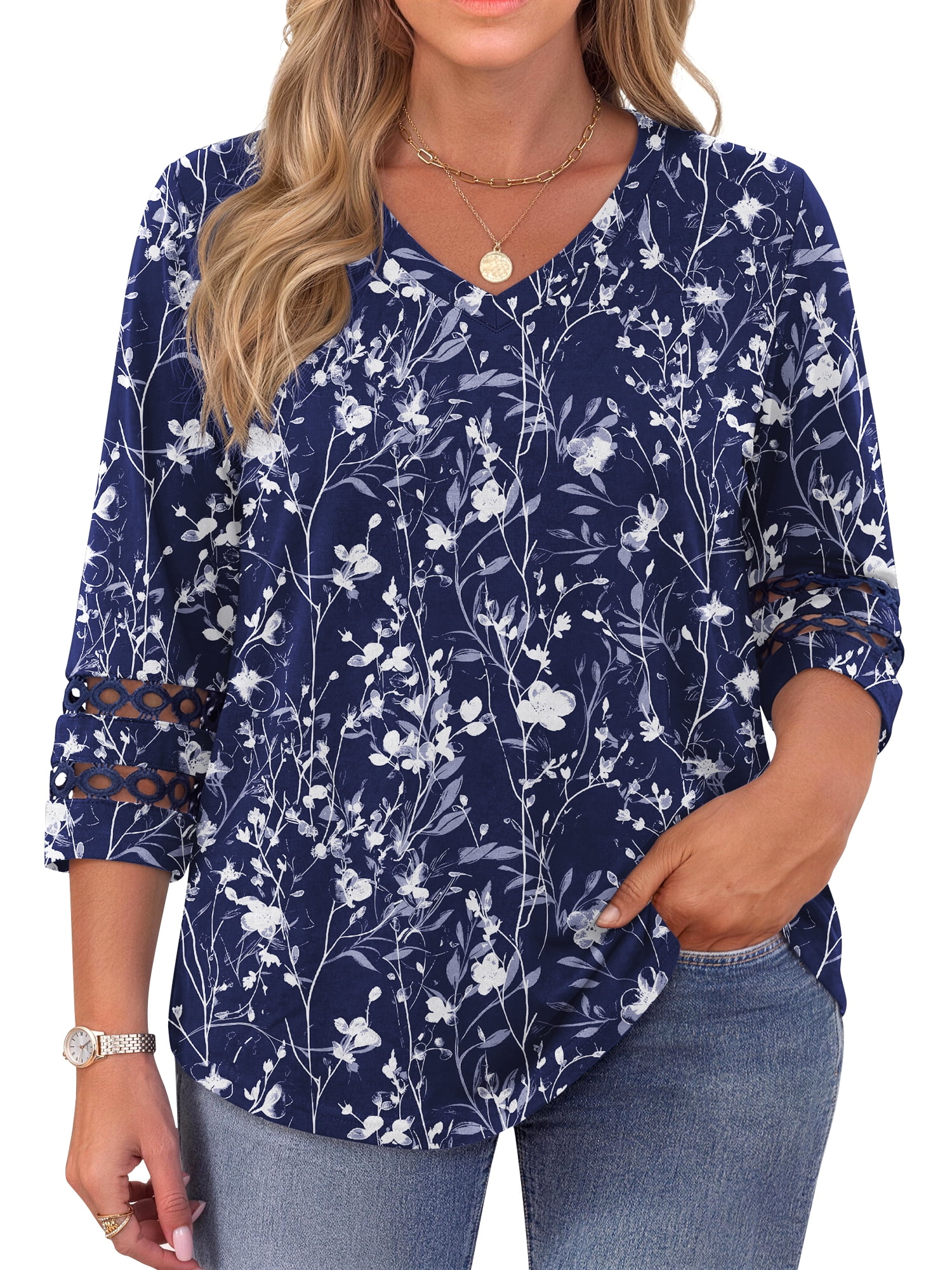 WellSize 3/4 Sleeve Womens Tops Trendy Plus Size V Neck Tunic Floral ...