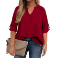 thumbnail image 1 of WellSize 3/4 Roll Sleeve Work Shirts for Women Plus Size Tunic Tops Flowy V Neck Button Down Blouses with Pockets, 1 of 8