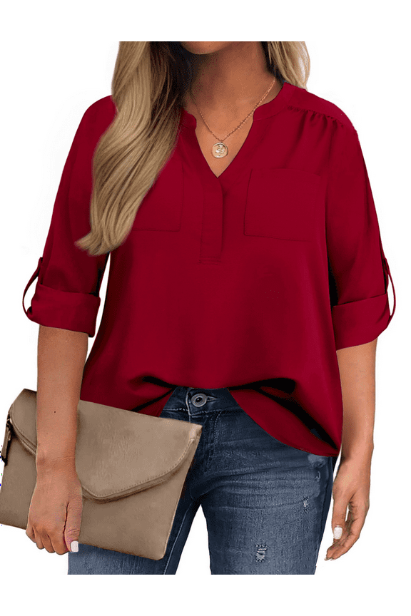 3/4 Roll Sleeve Work Shirts for Women Plus Size Tunic Tops Flowy V Neck Button Down Blouses with Pockets