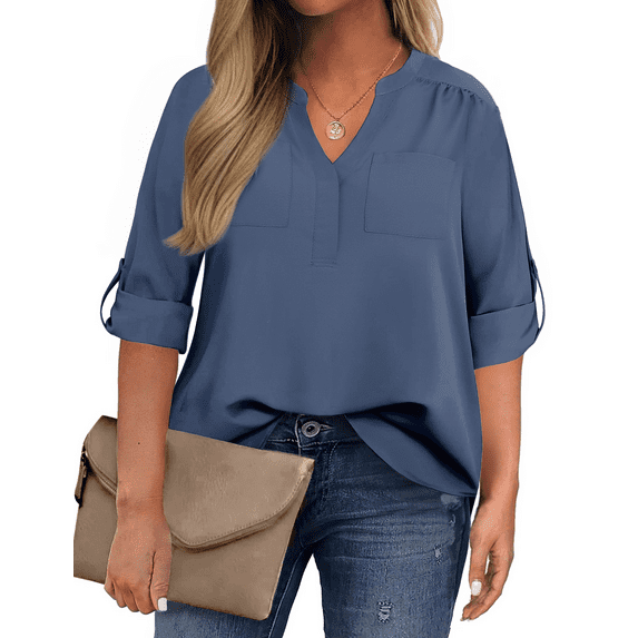 WellSize 3/4 Roll Sleeve Work Shirts for Women Plus Size Tunic Tops Flowy V Neck Button Down Blouses with Pockets