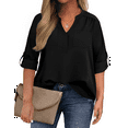 thumbnail image 1 of WellSize 3/4 Roll Sleeve Work Shirts for Women Plus Size Tunic Tops Flowy V Neck Button Down Blouses with Pockets, 1 of 8