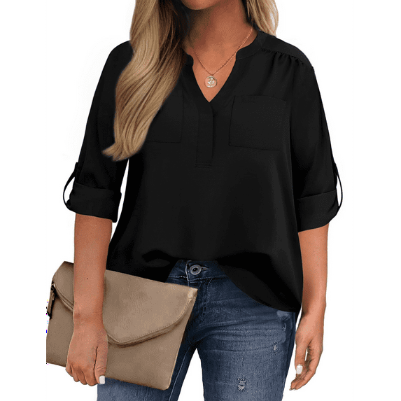 WellSize 3/4 Roll Sleeve Work Shirts for Women Plus Size Tunic Tops Flowy V Neck Button Down Blouses with Pockets