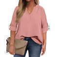 thumbnail image 1 of WellSize 3/4 Roll Sleeve Work Shirts for Women Plus Size Tunic Tops Flowy V Neck Button Down Blouses with Pockets, 1 of 8