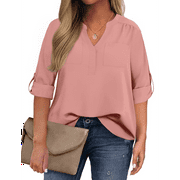 WellSize 3/4 Roll Sleeve Work Shirts for Women Plus Size Tunic Tops Flowy V Neck Button Down Blouses with Pockets