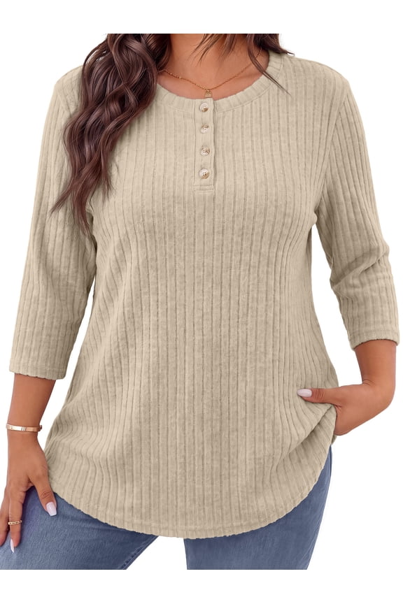 3/4 Sleeve Blouses for Women Plus Size Henley Shirts Casual Crew Neck Tunic Tops Trendy Fall Pullover