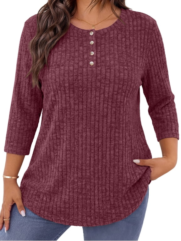 3/4 Sleeve Blouses for Women Plus Size Henley Shirts Casual Crew Neck Tunic Tops Trendy Fall Pullover