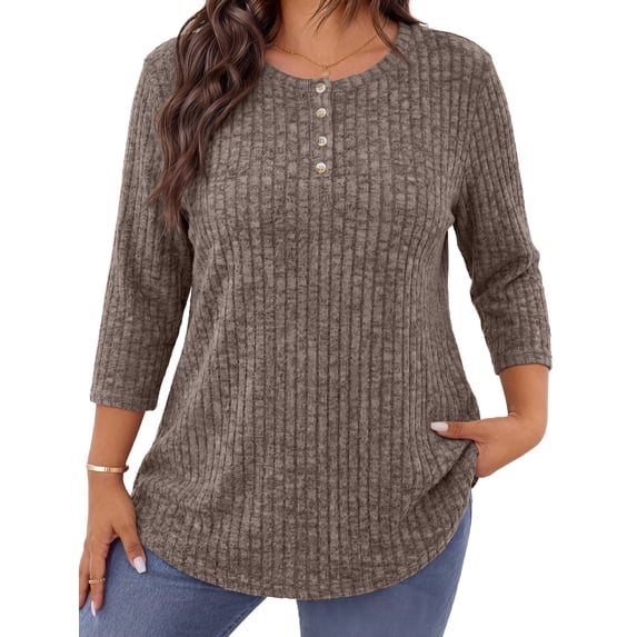 WellSize 3/4 Sleeve Blouses for Women Plus Size Henley Shirts Casual Crew Neck Tunic Tops Trendy Fall Pullover