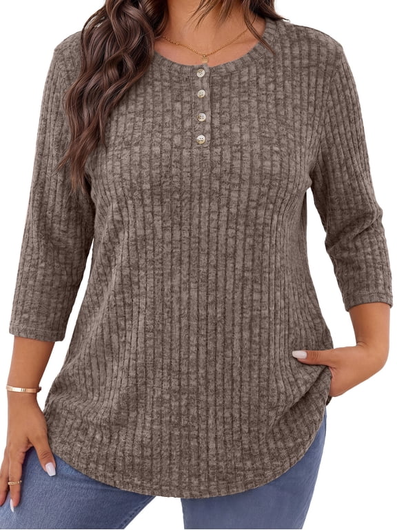 3/4 Sleeve Blouses for Women Plus Size Henley Shirts Casual Crew Neck Tunic Tops Trendy Fall Pullover