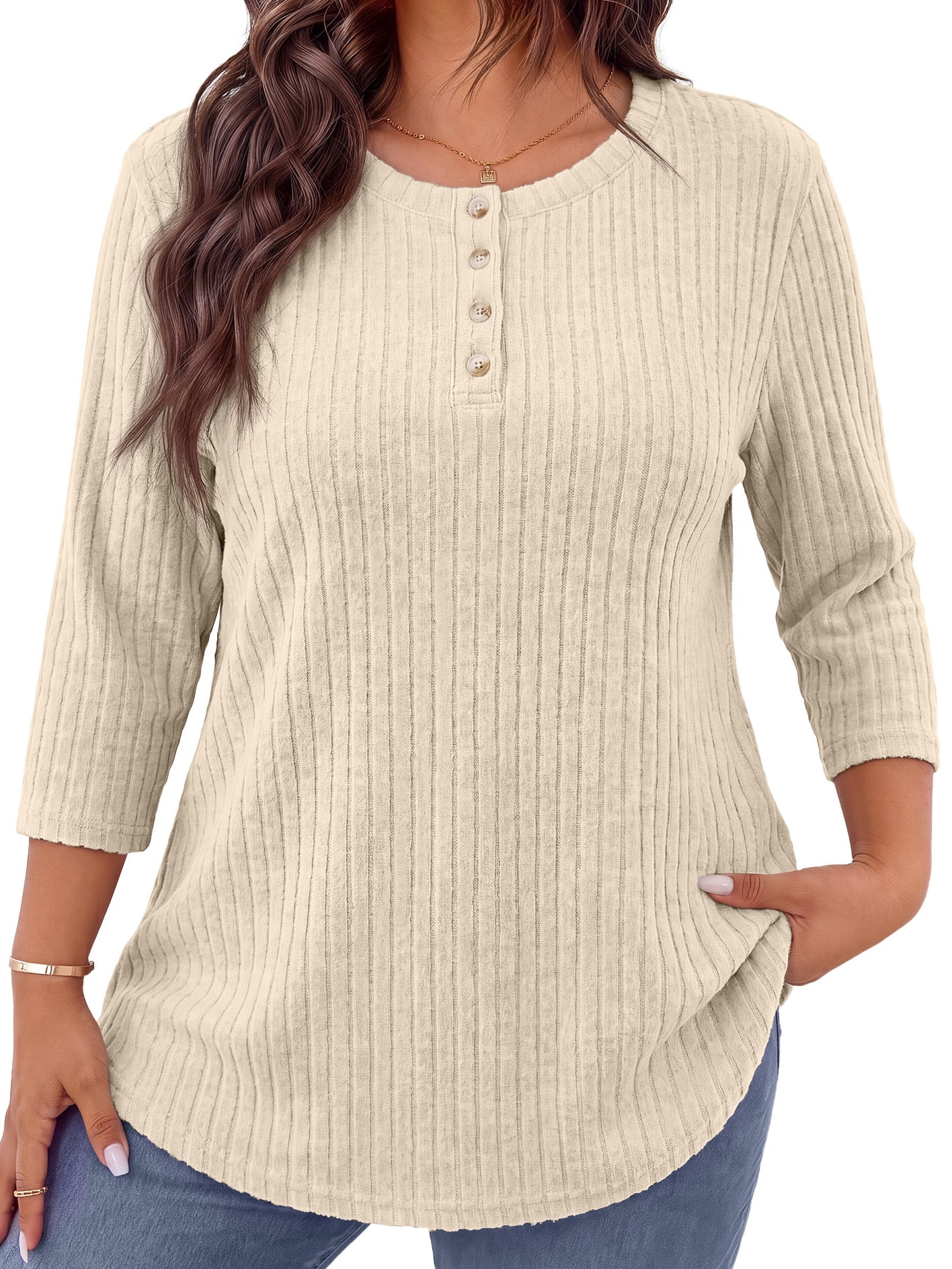 3/4 Sleeve Blouses for Women Plus Size Henley Shirts Casual Crew Neck Tunic Tops Trendy Fall Pullover